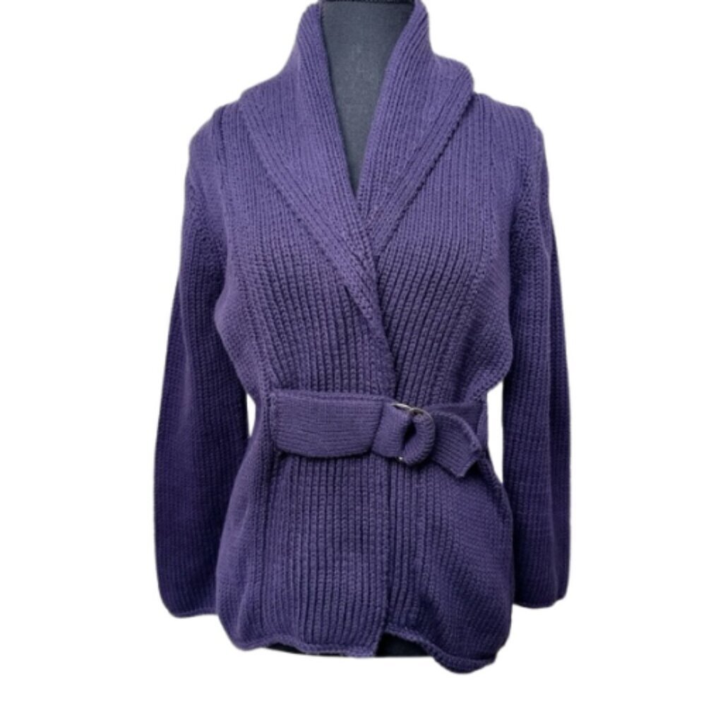 Pure Handknit womens Xsmall/Small Chunky Purple Belt Buckle Cardigan